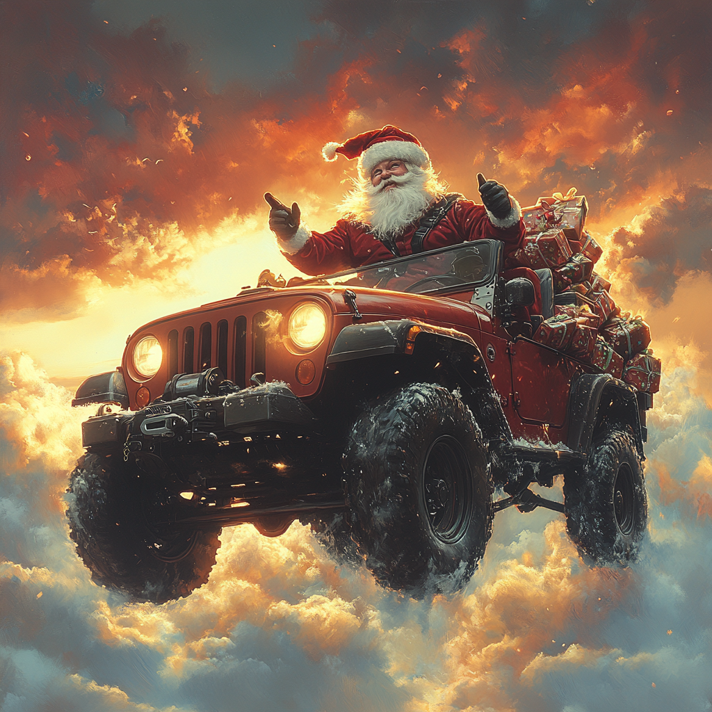 Santa flies a Jeep instead of reindeer