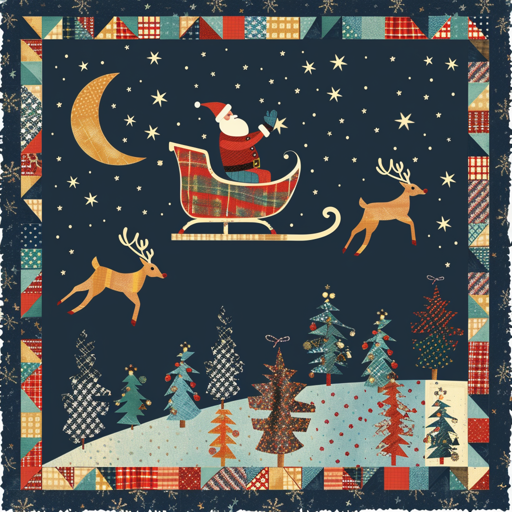 Santa flying left on sleigh with reindeer, quilt style.