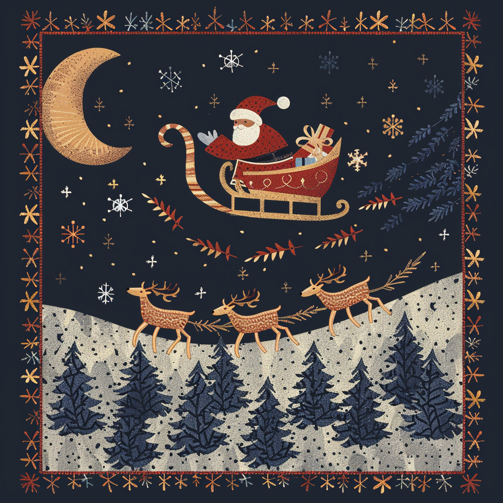 Santa flying on sleigh with reindeer in quilt style.