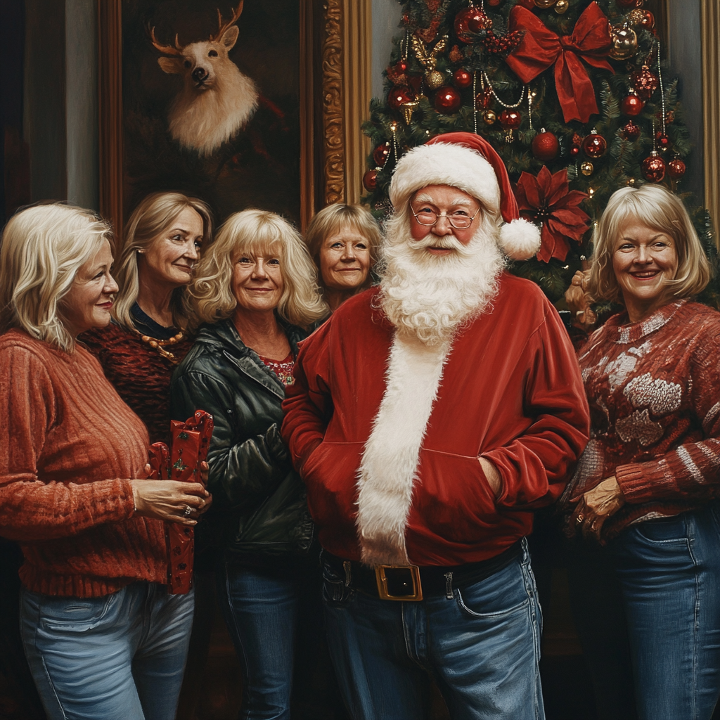 Santa hanging Christmas garlands with stylish elderly women