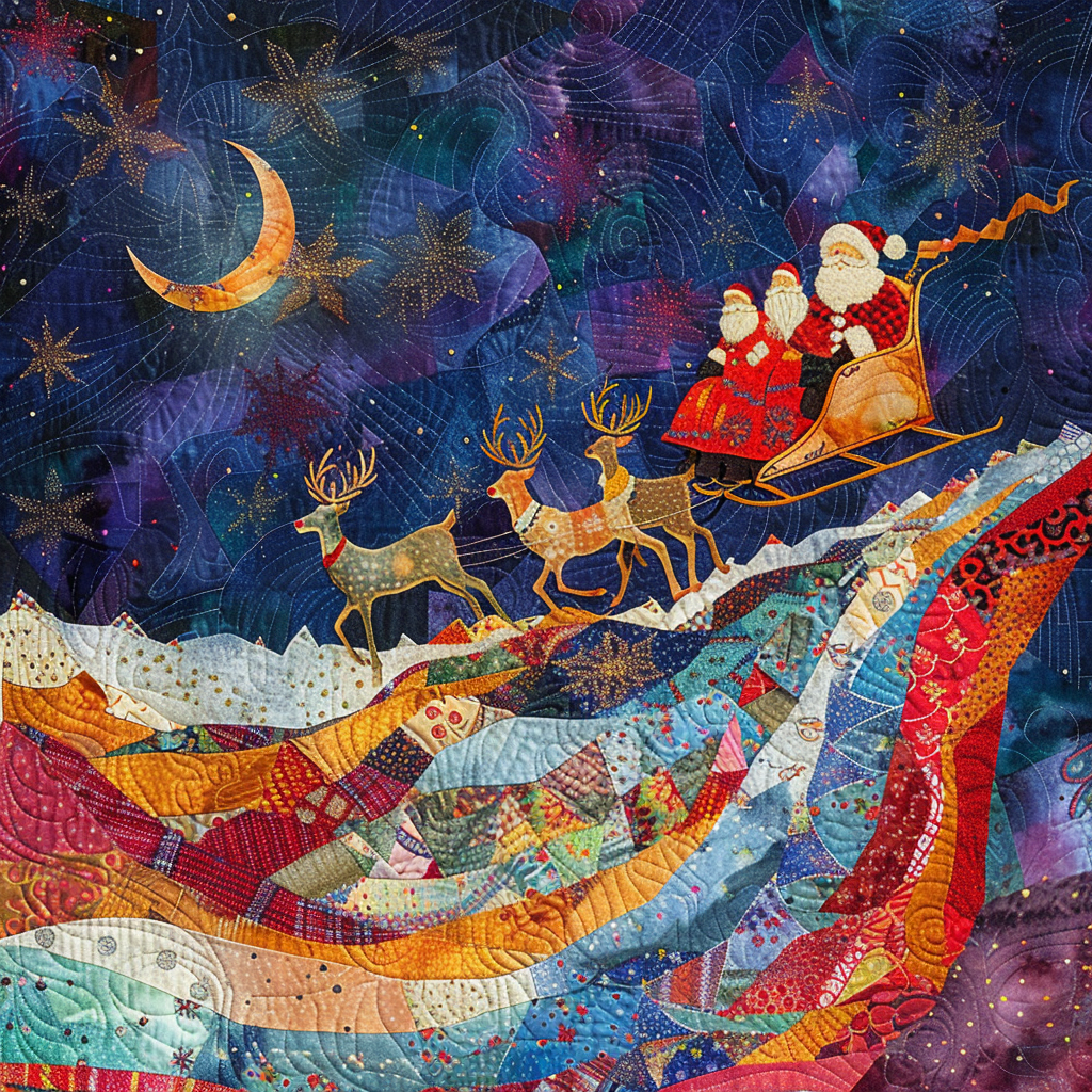 Santa in quilt-style sleigh, reindeer flying in sky.