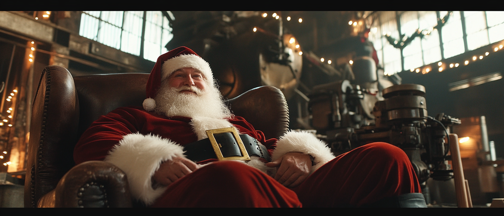 Santa interviewing middle-aged man in metal/wood workshop -ar