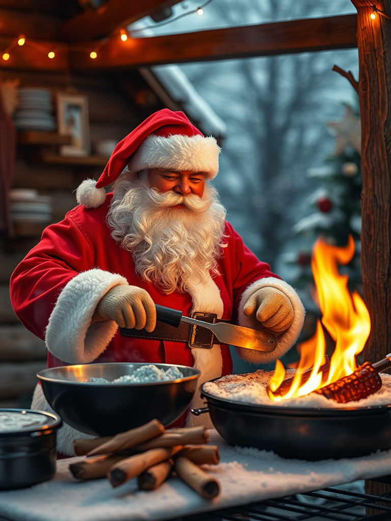 Santa is grilling bbq food in a picture.