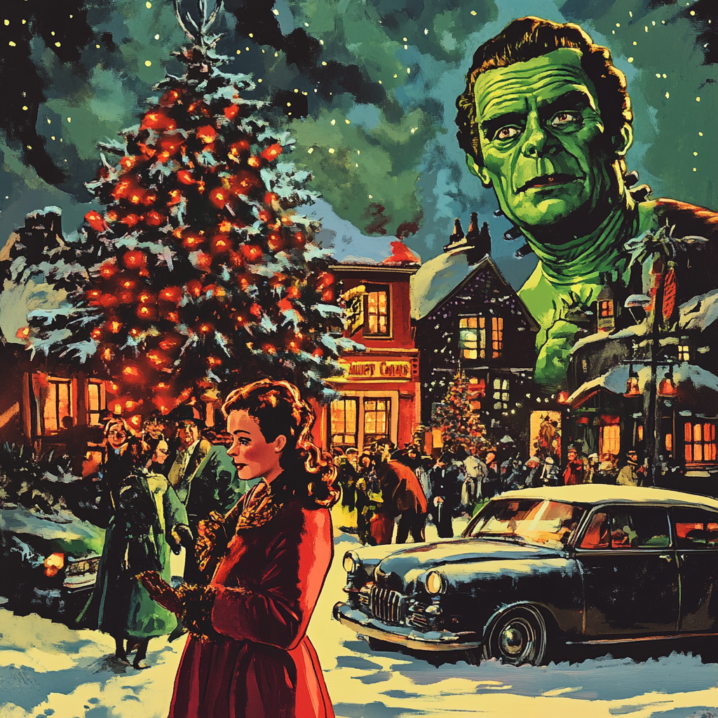 Santa meets Frankenstein in a comic book style mash-up.