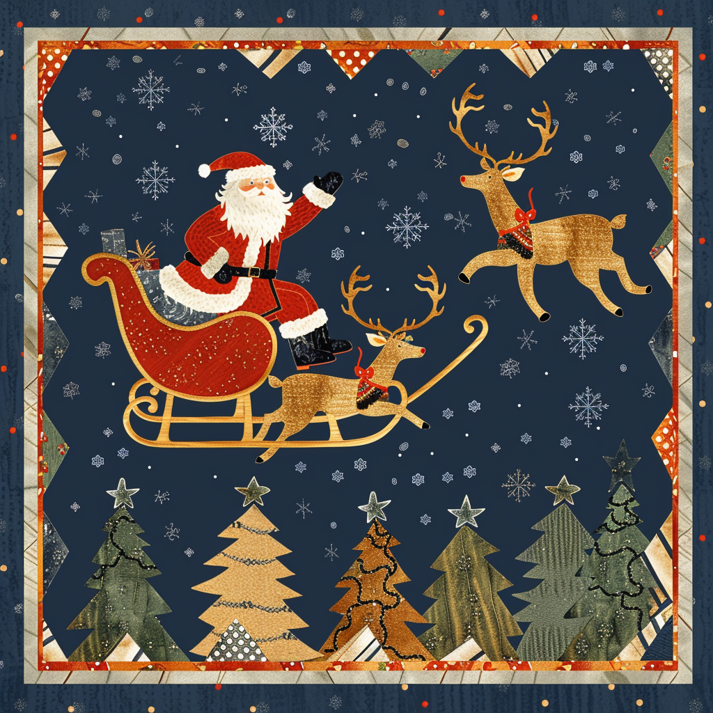 Santa on sleigh with reindeer flying left, cozy style.