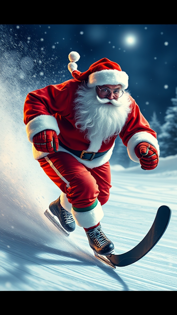 Santa playing speedy game of hockey.