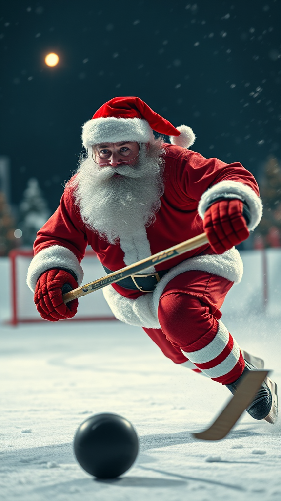 Santa plays hockey, throws puck with stick fast.