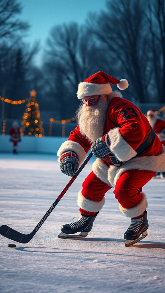 Santa plays hockey on evening skating rink.