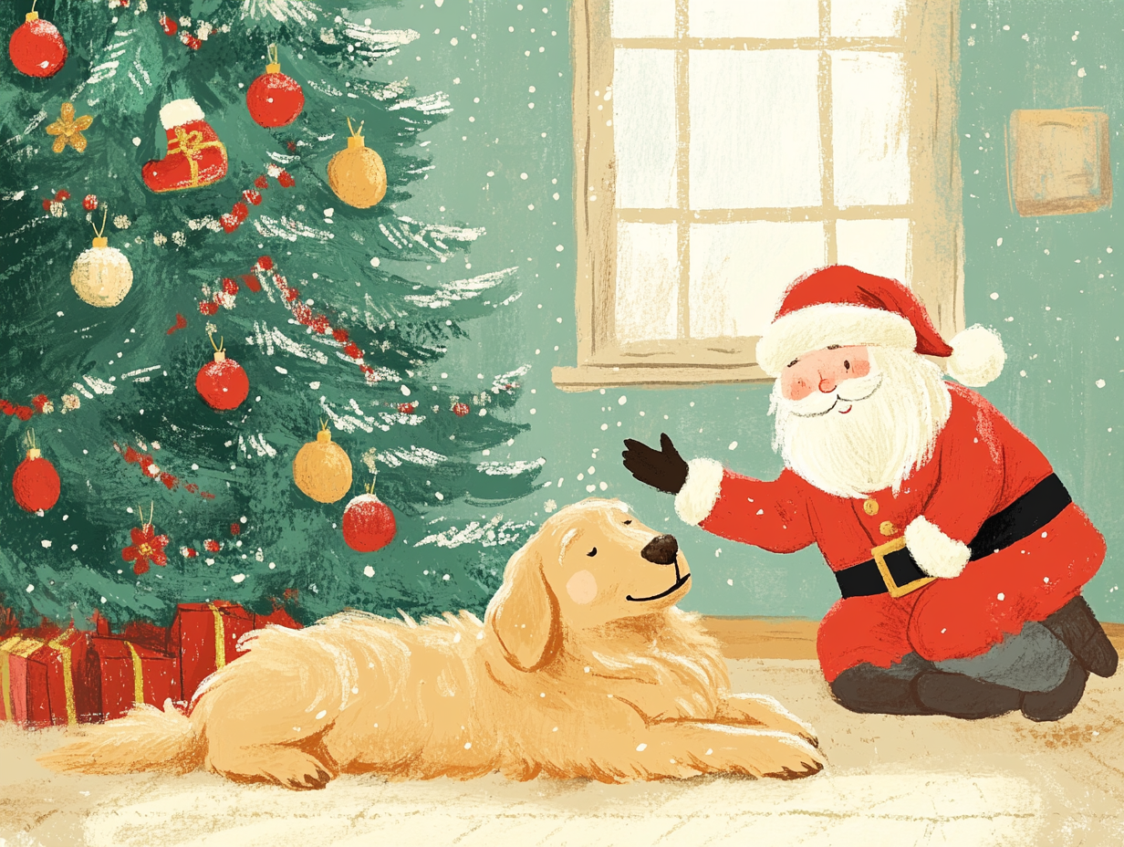 Santa praising Golden Retriever under Christmas tree, children's book.