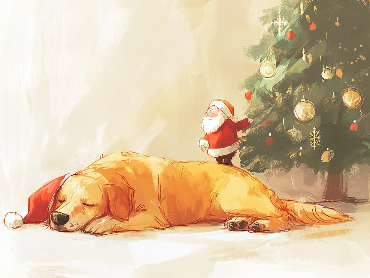 Santa tries to tiptoe past sleeping dog.