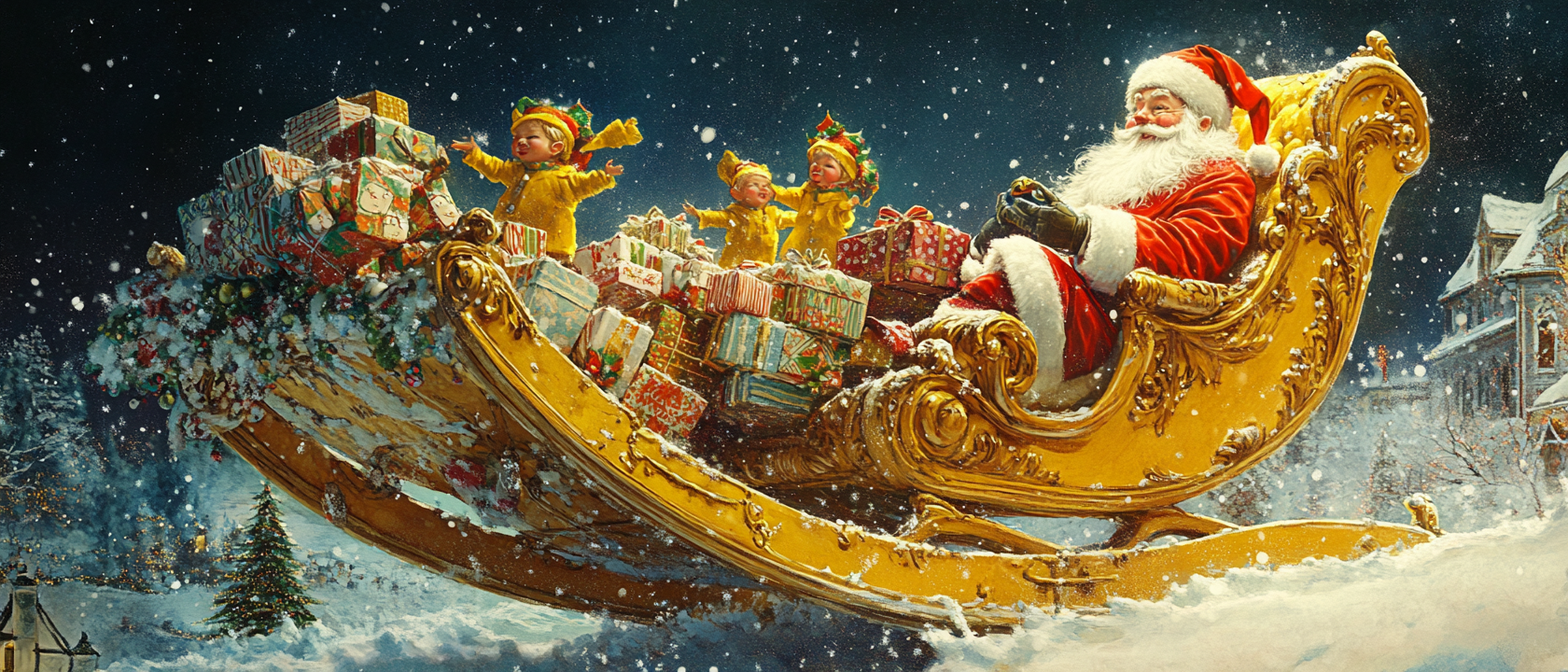 Santa with Elves Loading Gifts on Yellow Sleigh