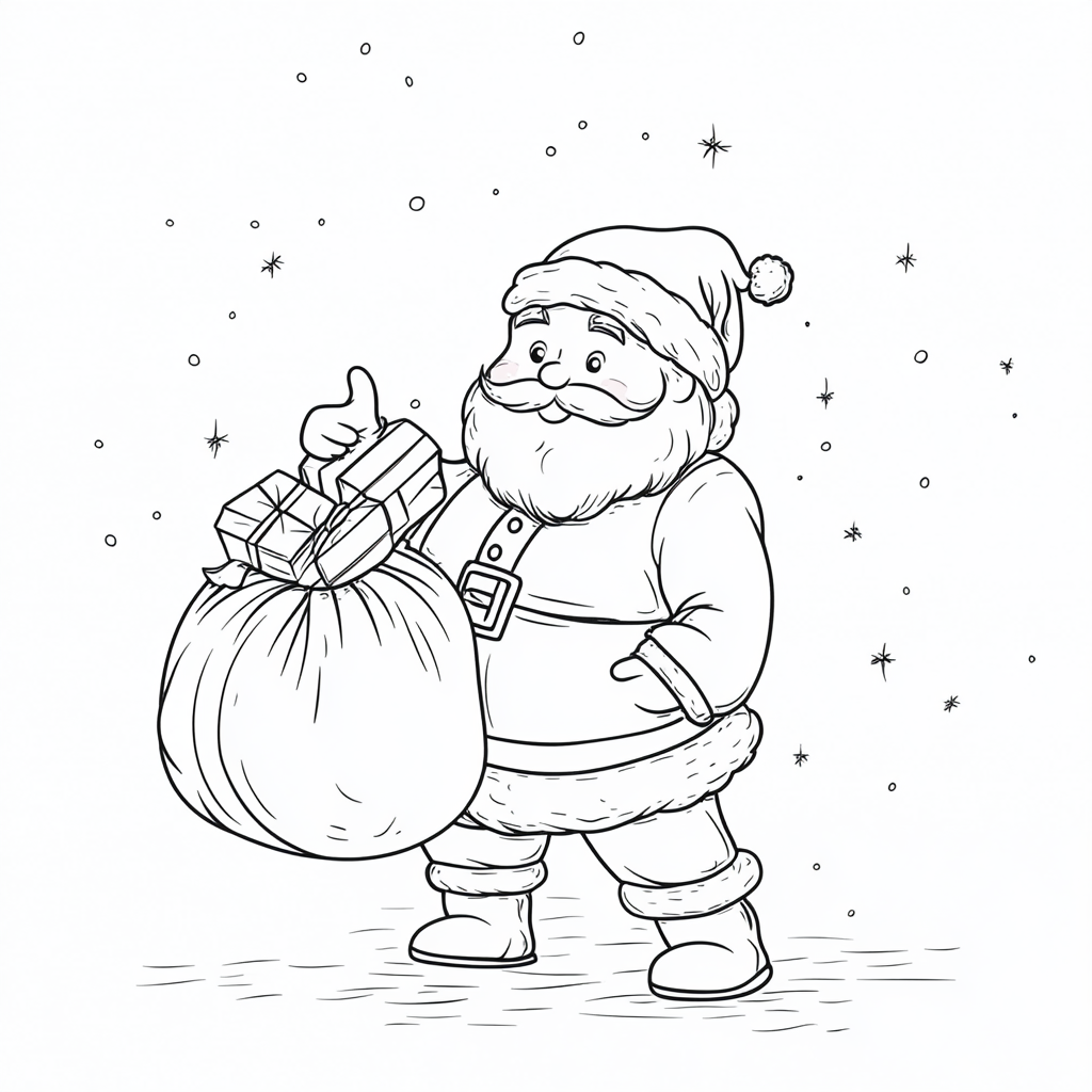 Santa with presents, simple cartoon for toddlers.