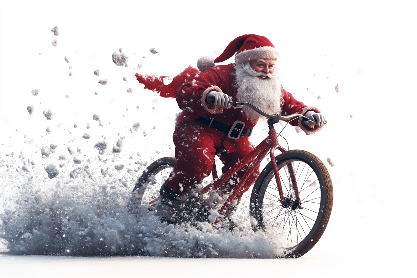 Santa with white beard smiles on bike