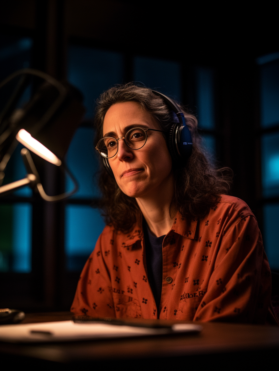 Sarah Koenig records podcast, live on air, notes.