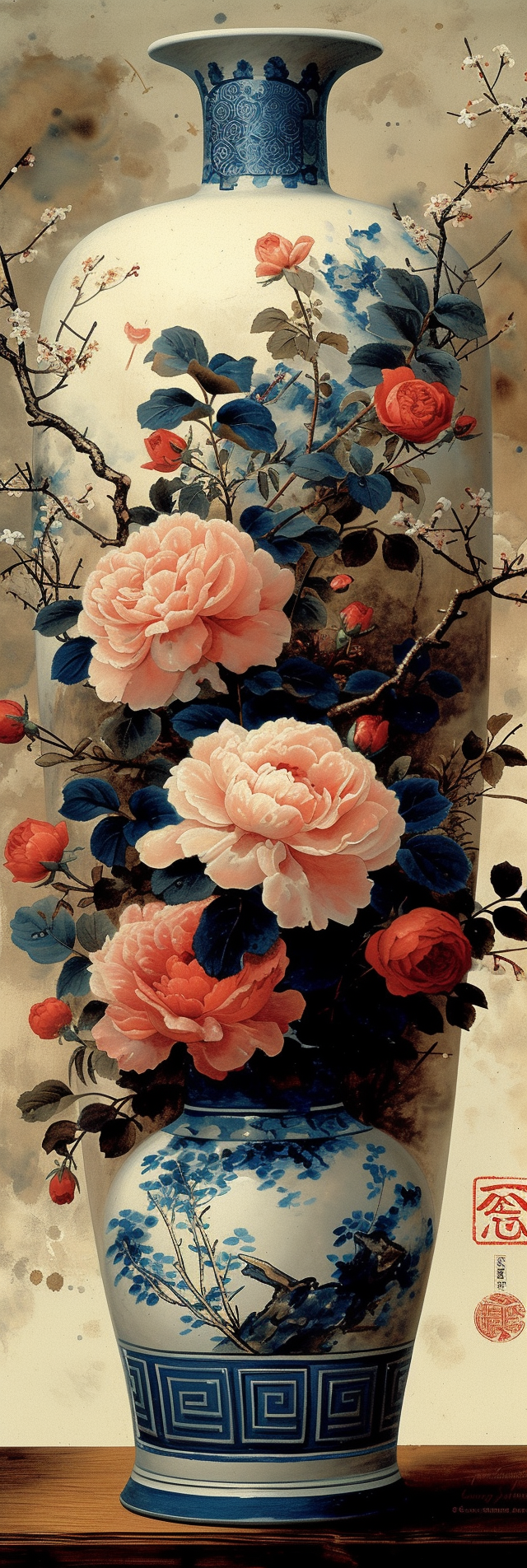 Colorful Oriental Artwork of Four Seasons Flowers