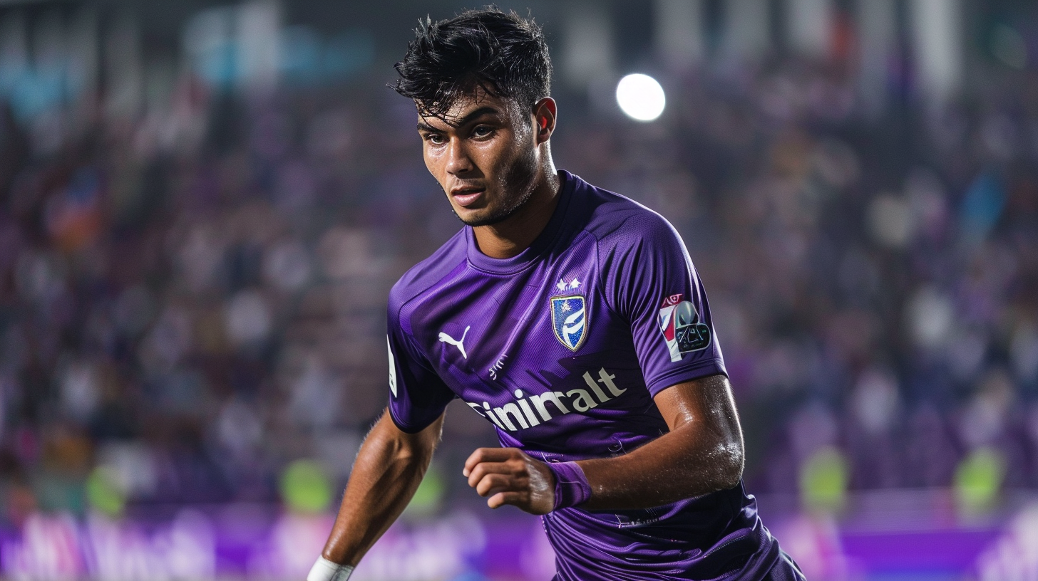 Saudi football player in Fiorentina kit makes defensive tackle.