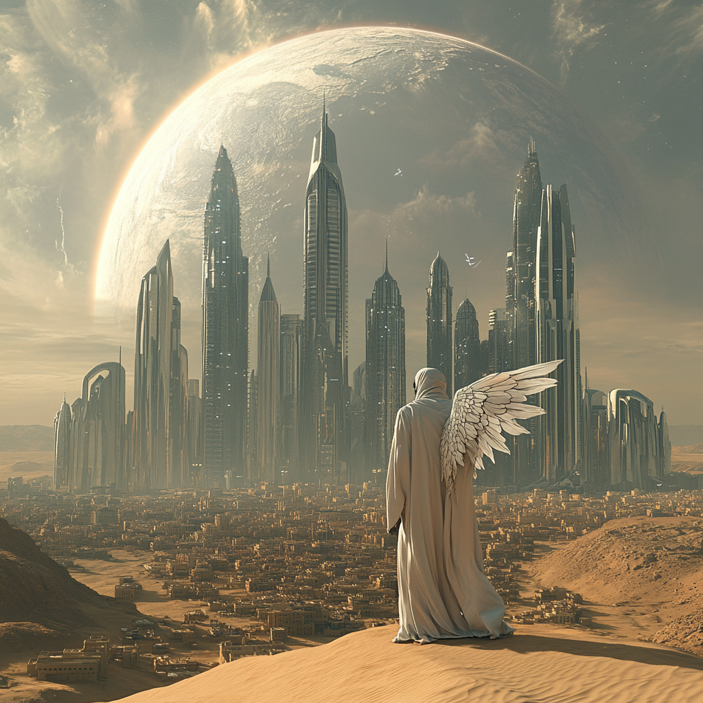 Saudi man with wings gazes at futuristic Riyadh city.