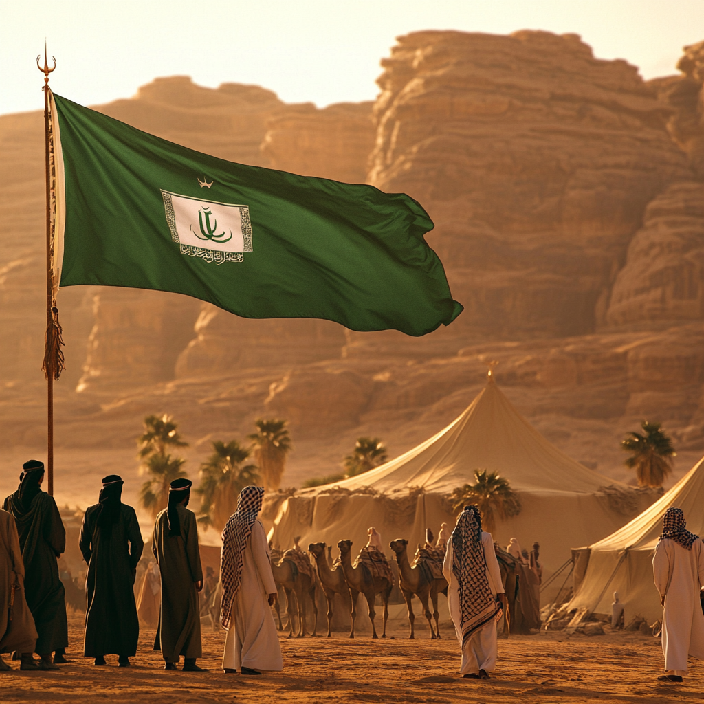 Saudi men proudly raise green flag in desert sunset.