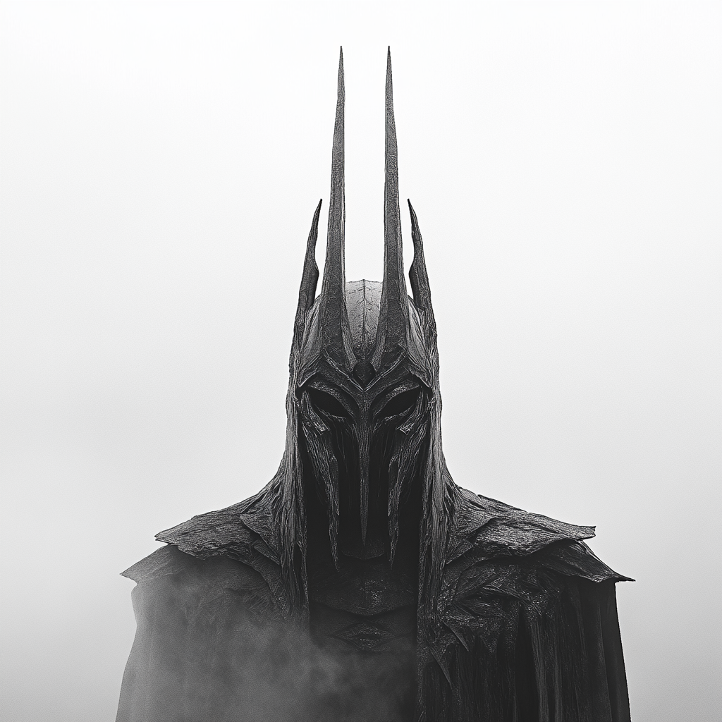 Sauron helmet in fog with cinematic lighting.