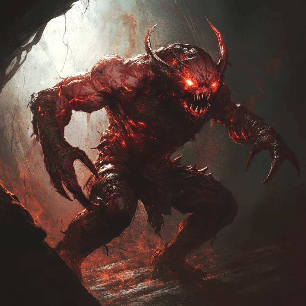 Savage Subterranean Warrior with Red Skin and Glowing Eyes