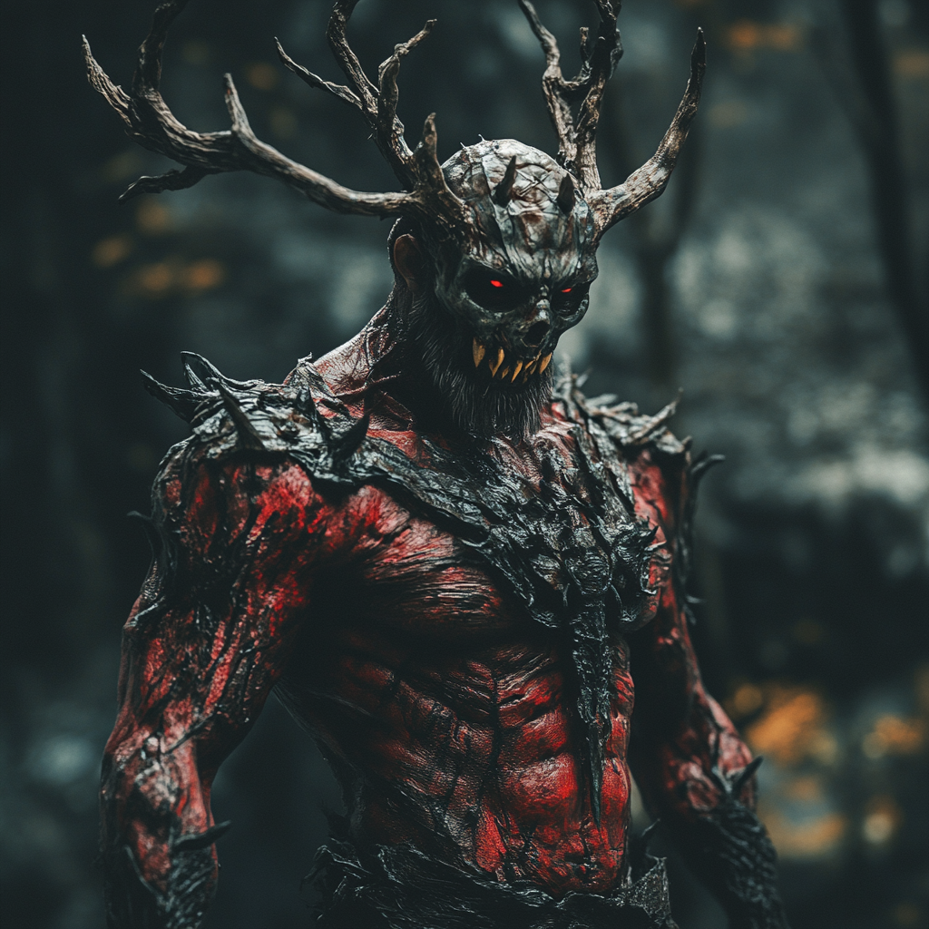 Savage warrior with antlers and red skin in gothic armor