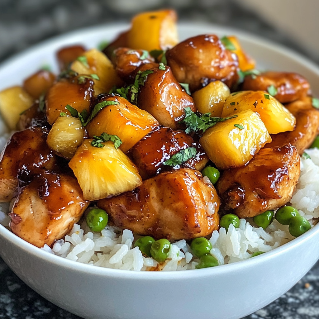 Savory-sweet pineapple chicken rice dish with fresh herbs, chili.