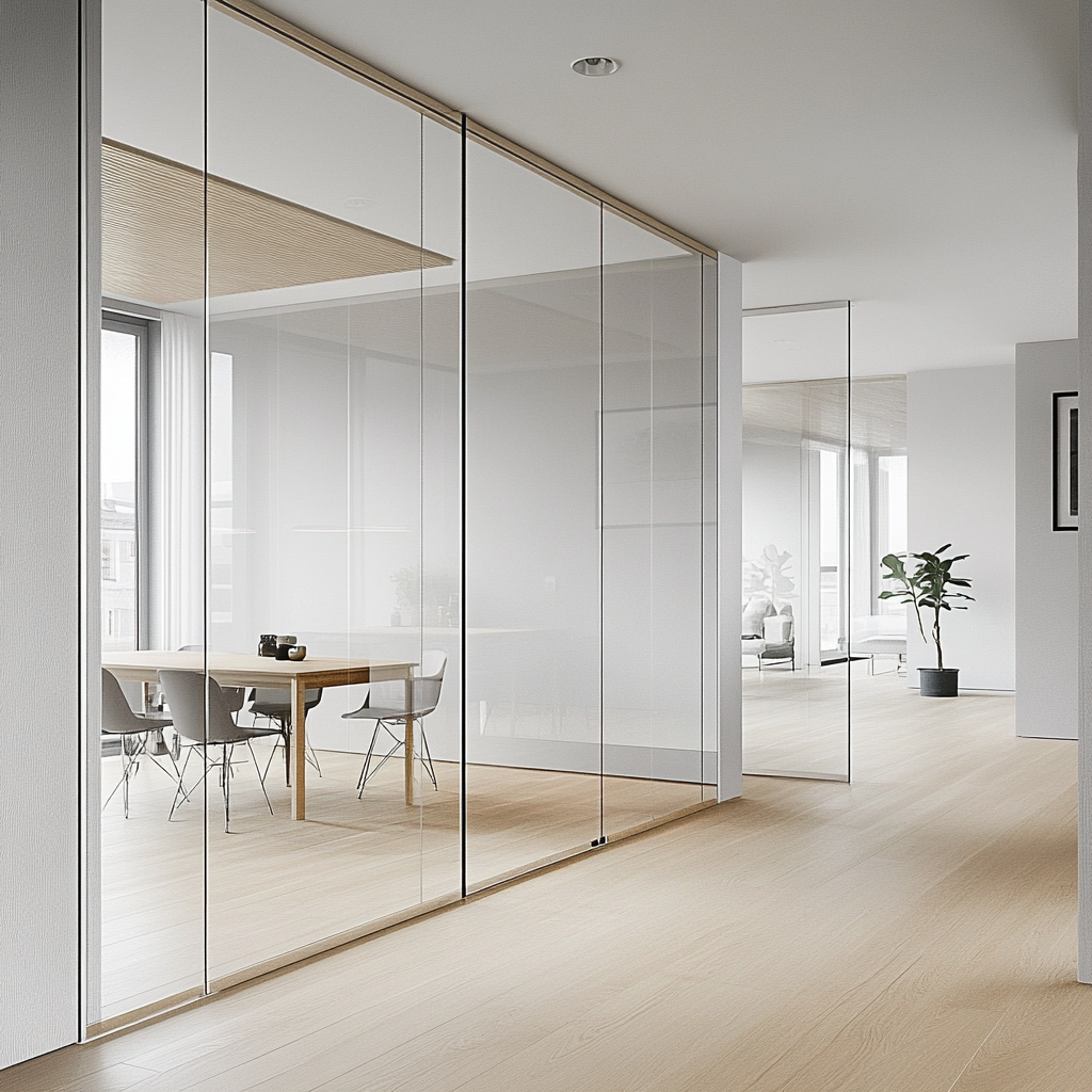 Scandinavian design: airy, light materials, glass elements, neutral tones.