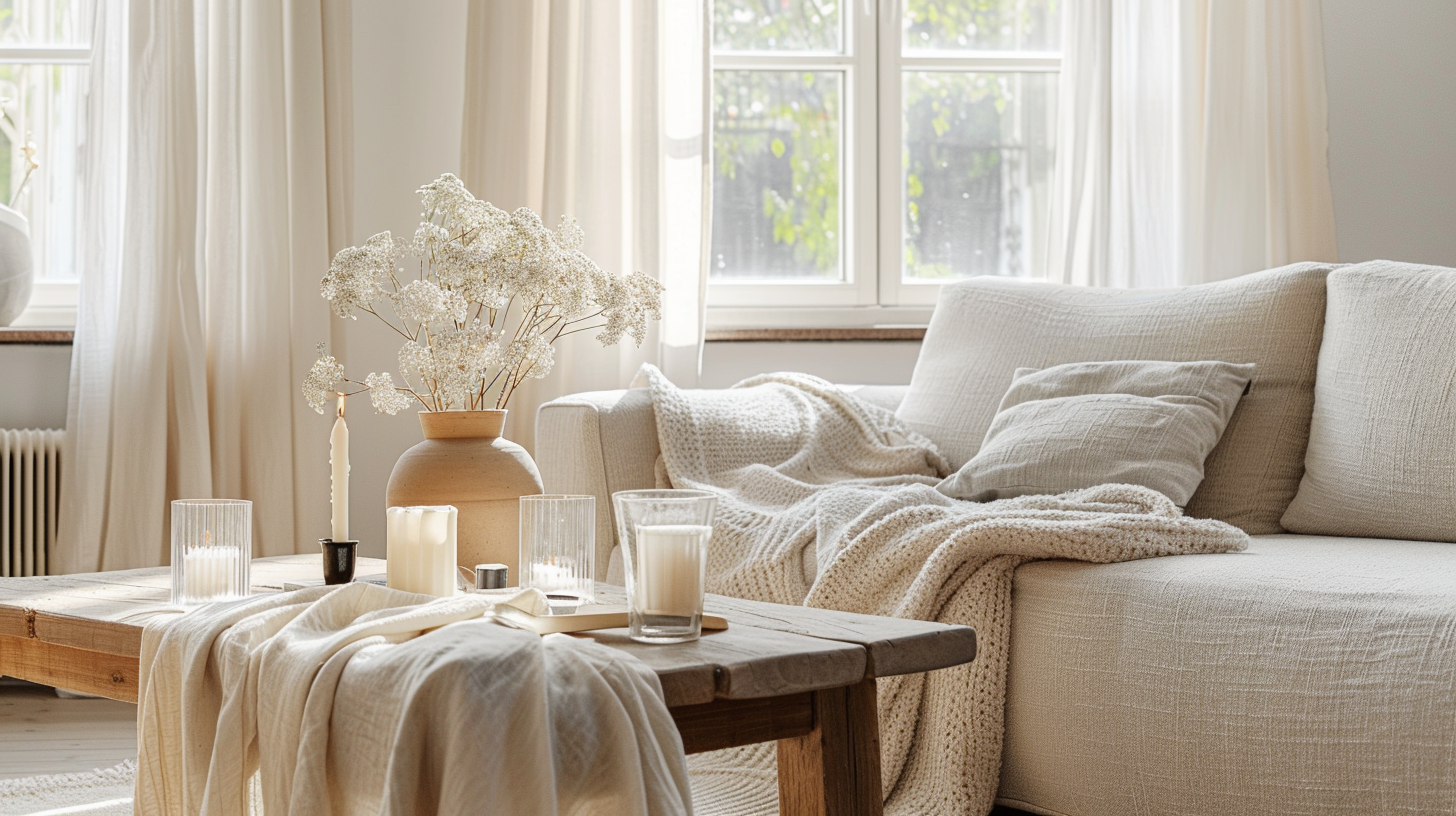 Scandinavian-style living room with minimalist design and cozy atmosphere.