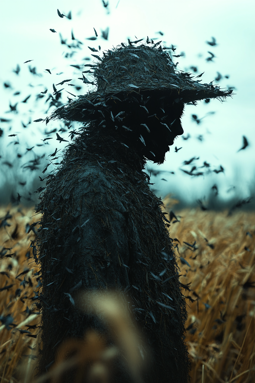 Scarecrow in field, evil crows, gothic setting.