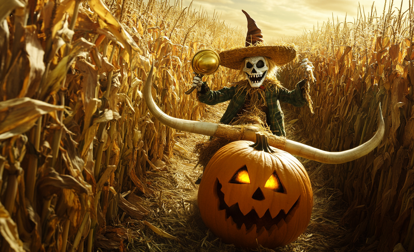 Scarecrow rides longhorn, finds trophy in corn maze