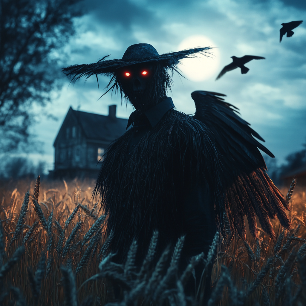 Scarecrow with wings on wheat farm at night