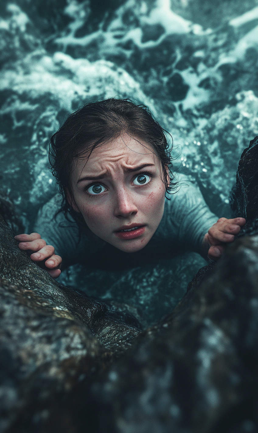 Scared Person on Cliff Looking Up - Stormy Weather