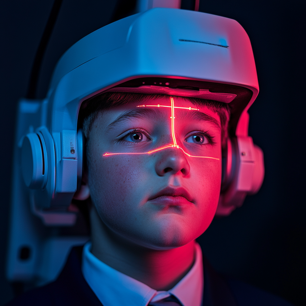 Scared boy in school uniform being scanned closely.