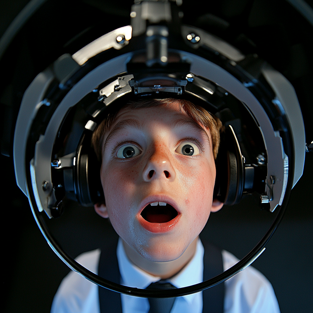 Scared boy in school uniform getting face scanned.