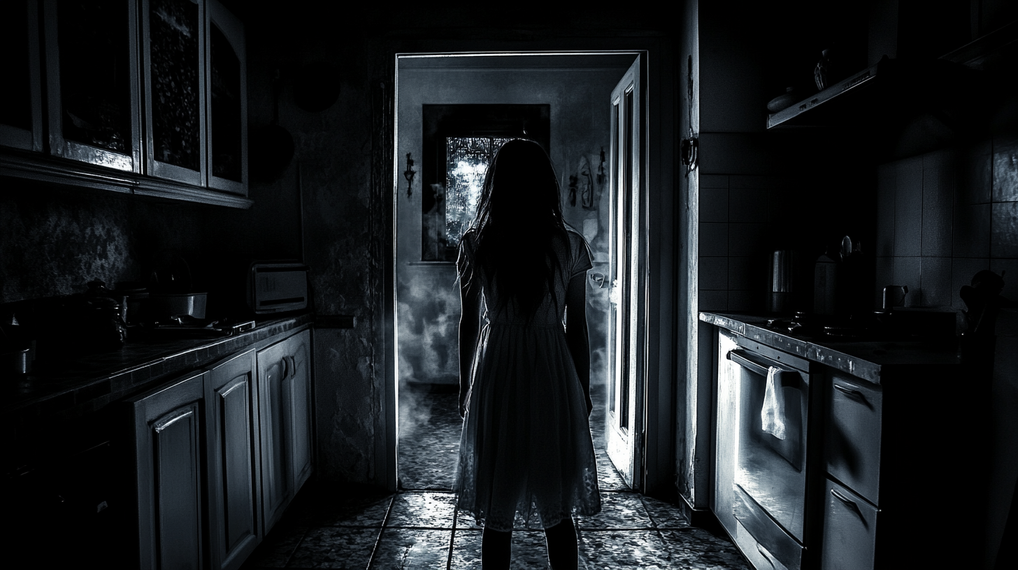 Scared girl looks into dark kitchen, sees ghost