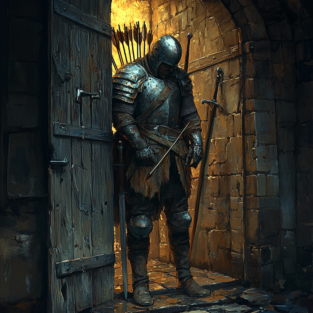 Scared guard at tavern door with arrows.