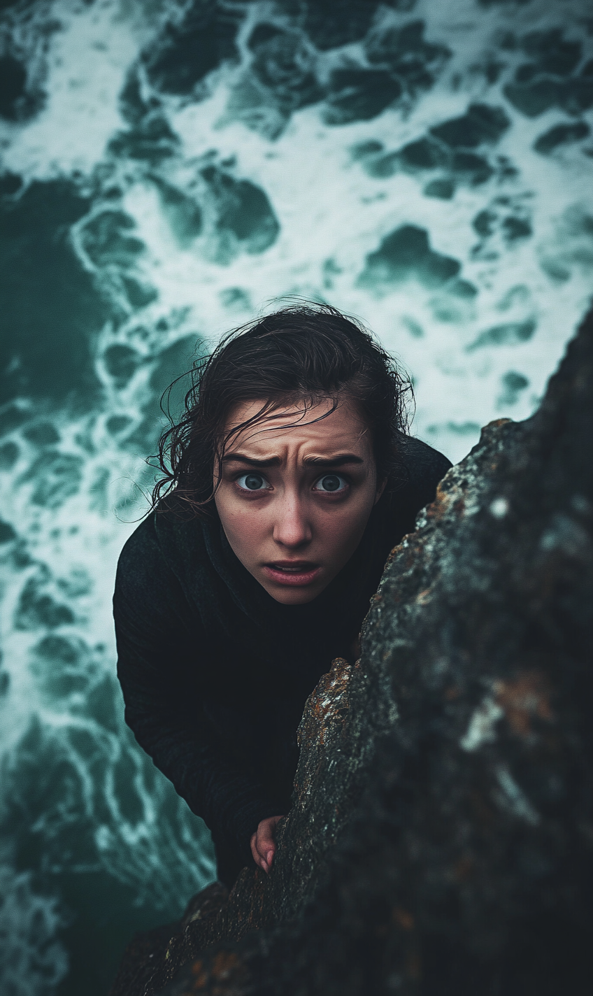 Scared person looking up at camera above cliff.