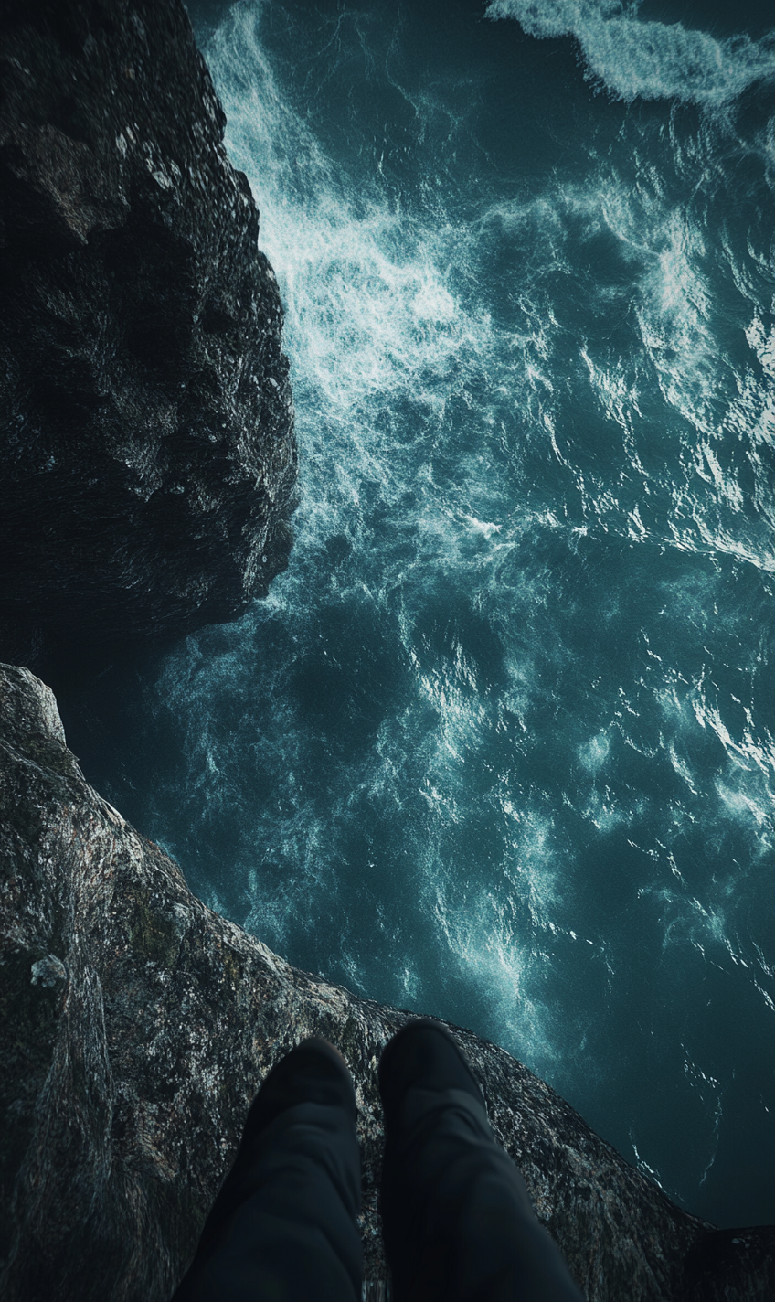 Scared person on cliff in stormy weather