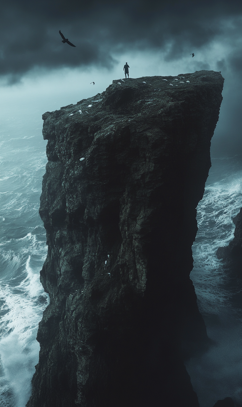 Scared person on cliff under stormy sky.