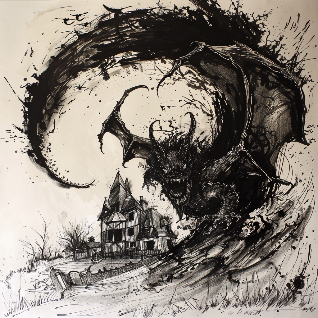 Scared winged devil in tornado sketch, tudor house