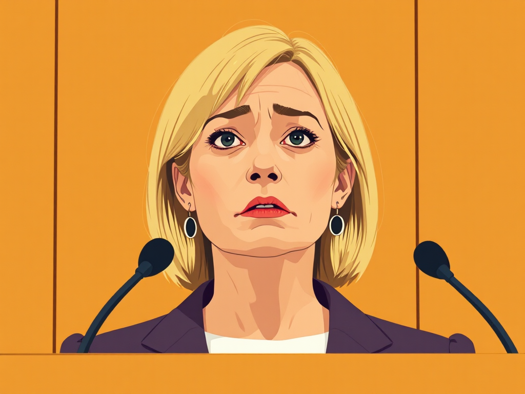 Scared woman defends herself in court, minimalistic illustration.