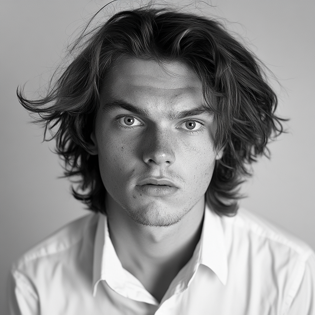 Scared young man in retro outfit on white background.