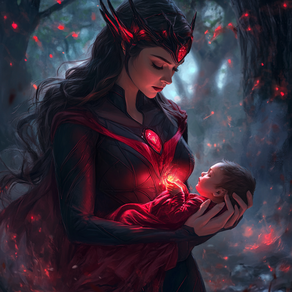 Scarlet Witch female version with baby in enchanted forest.