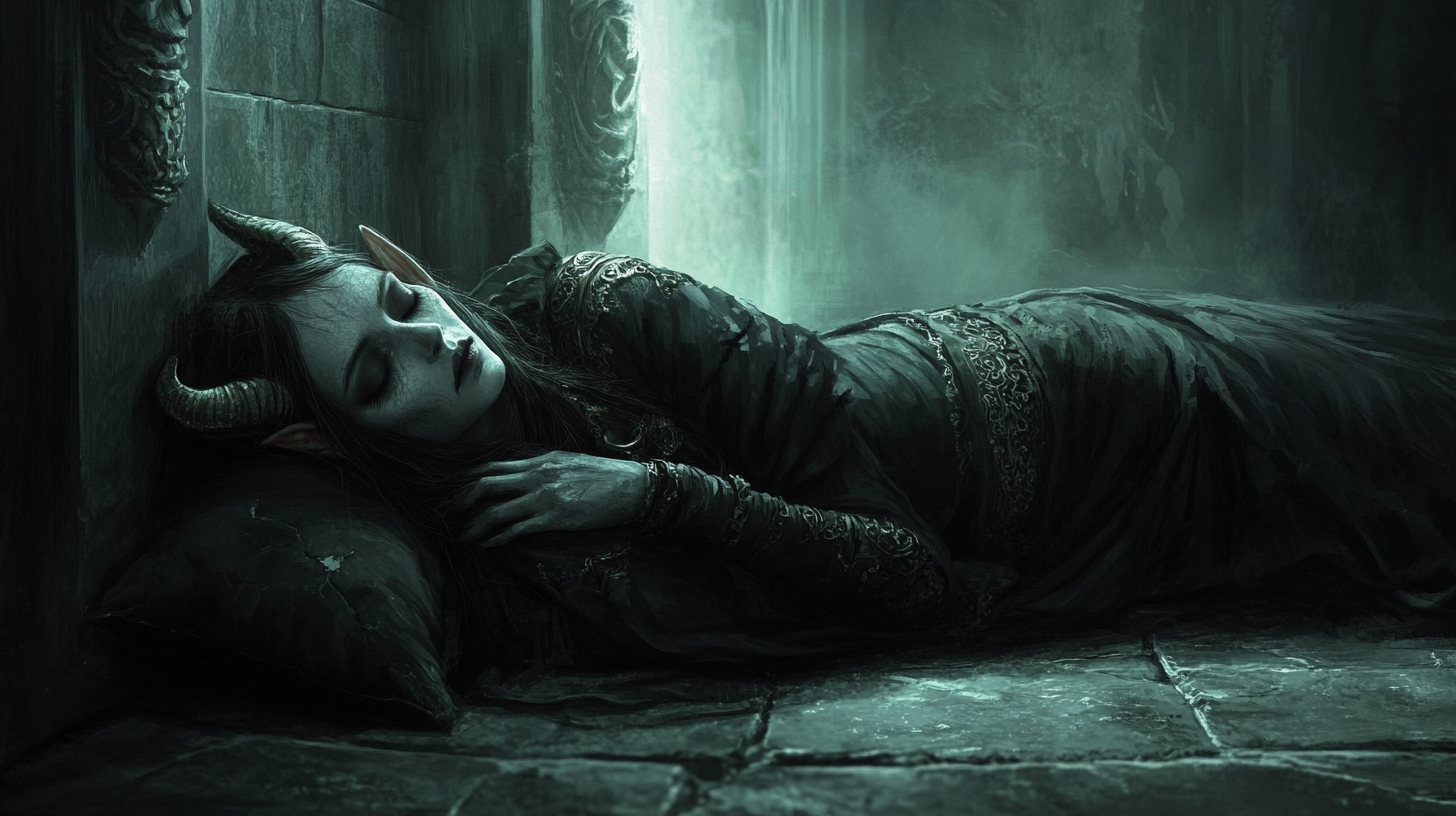 Scary Elven Woman Asleep in a Dark Castle