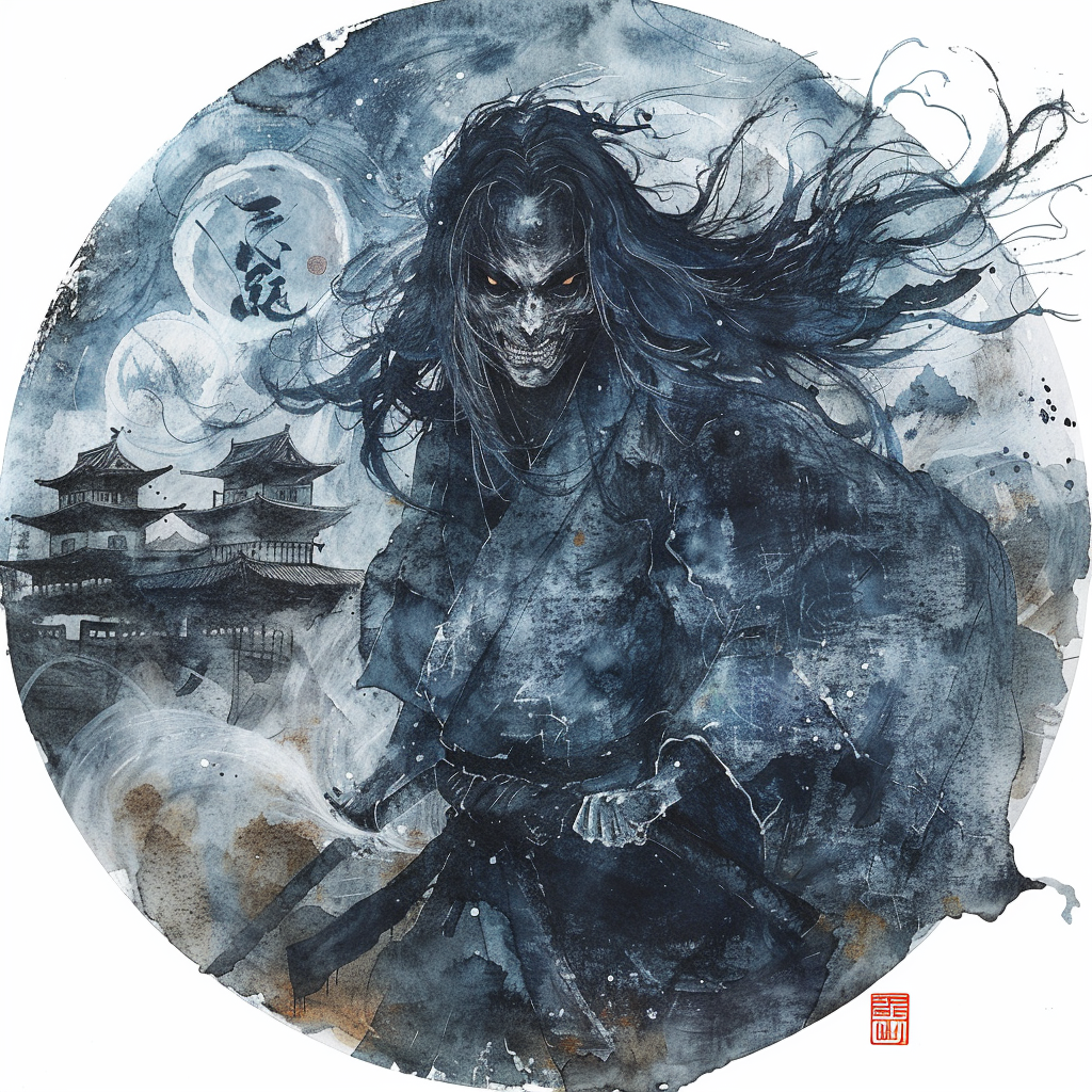 Scary Japanese spirit in watercolor painting circle