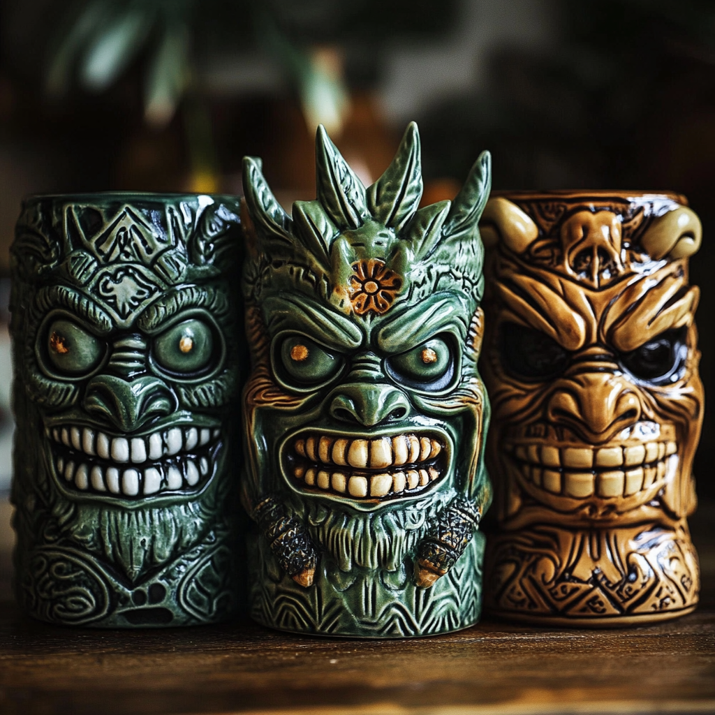 Scary ceramic tiki mugs with exotic Polynesian vibes.