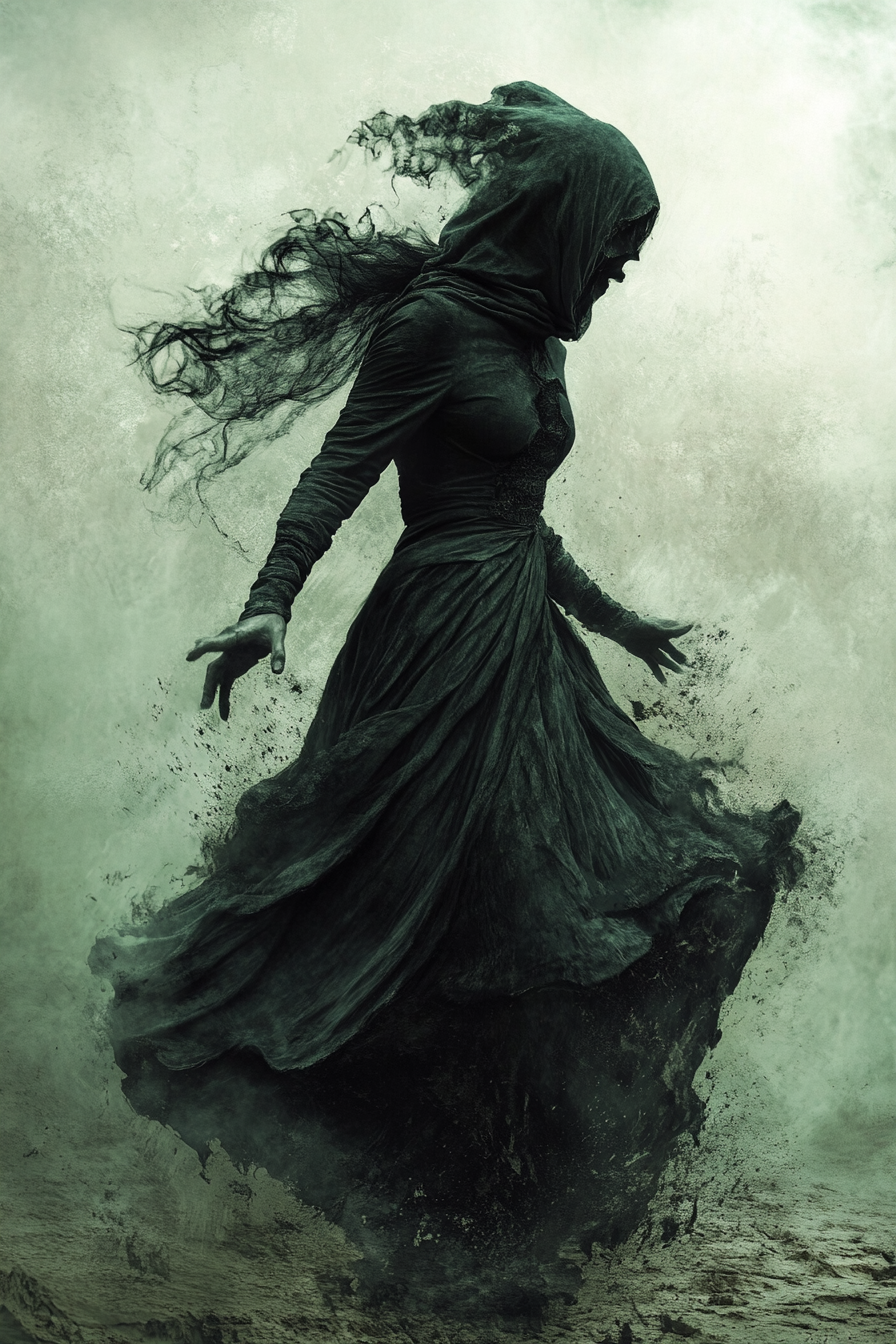 Scary female witch in dynamic, dark, elegant pose.