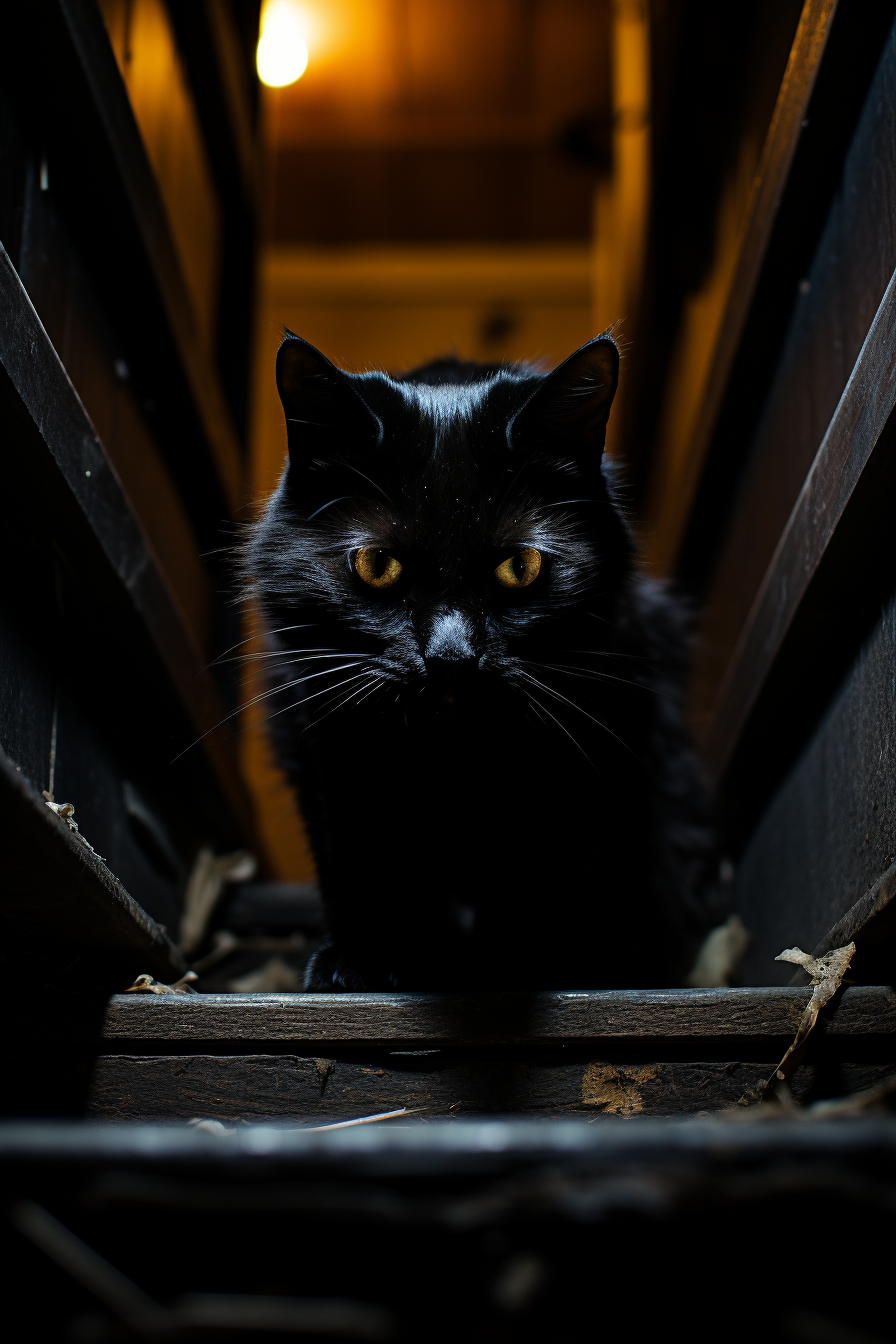 Scary horror scene with black cat crawling stairs.