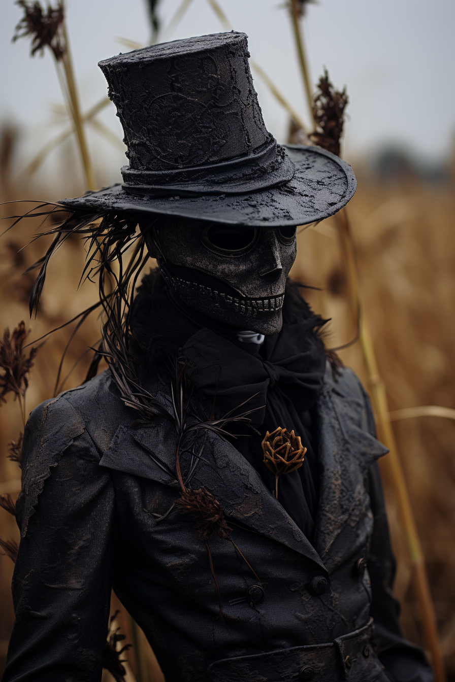 Scary scarecrow in field with evil crows.