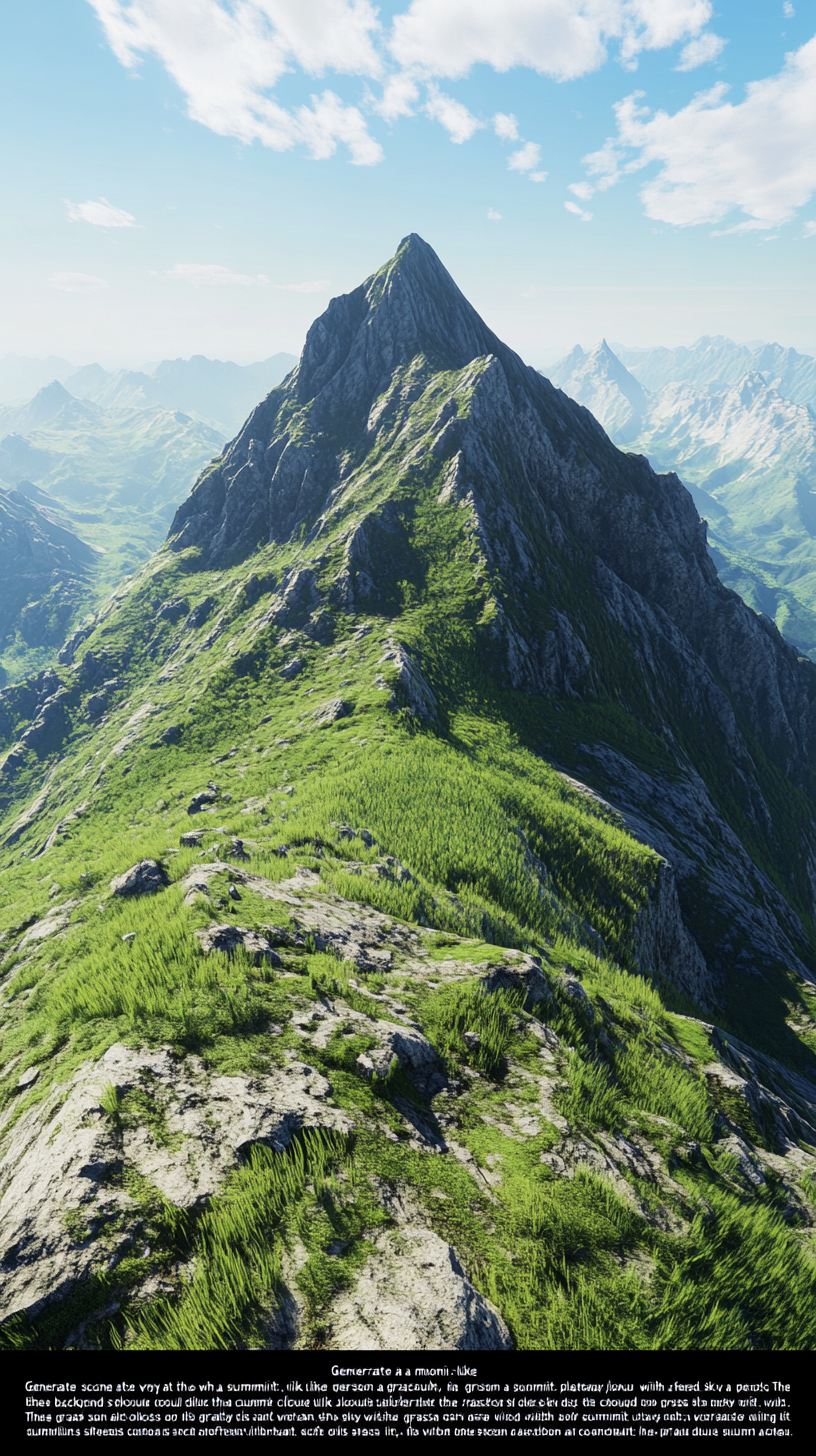 Scene at mountain top with grassy plateau, clear sky.